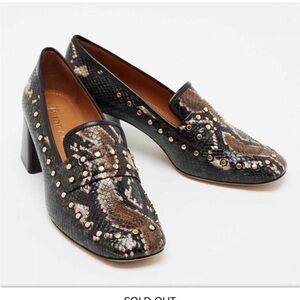 Tory Burch studded, python shoes in black, brown, and dark green-EUC